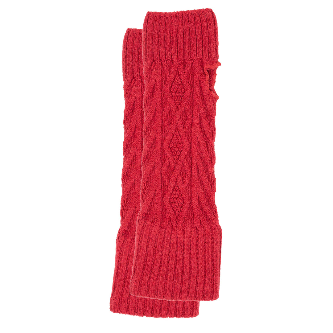 Cashmere silk textured glovette in Crimson, fingerless knit accessory with cozy cable pattern.
