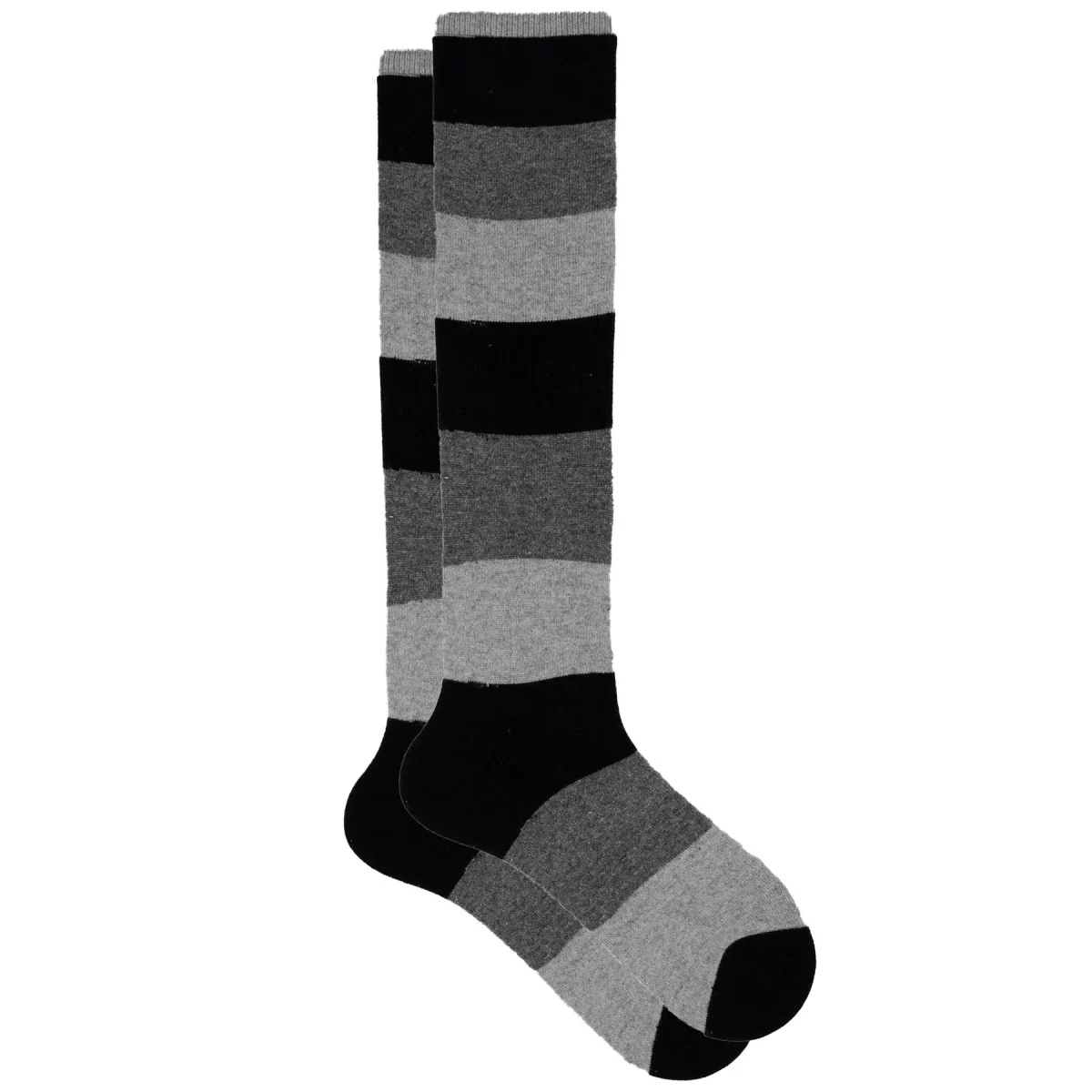 Cashmere silk colorblock knee-high sock Blockie in Black, soft and warm with playful design.