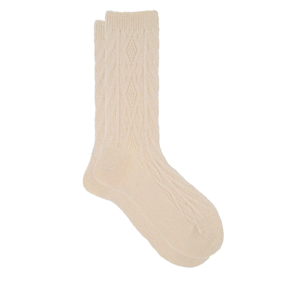 Cashmere silk jacquard crew sock Demi in Cream with soft, cable-inspired texture.