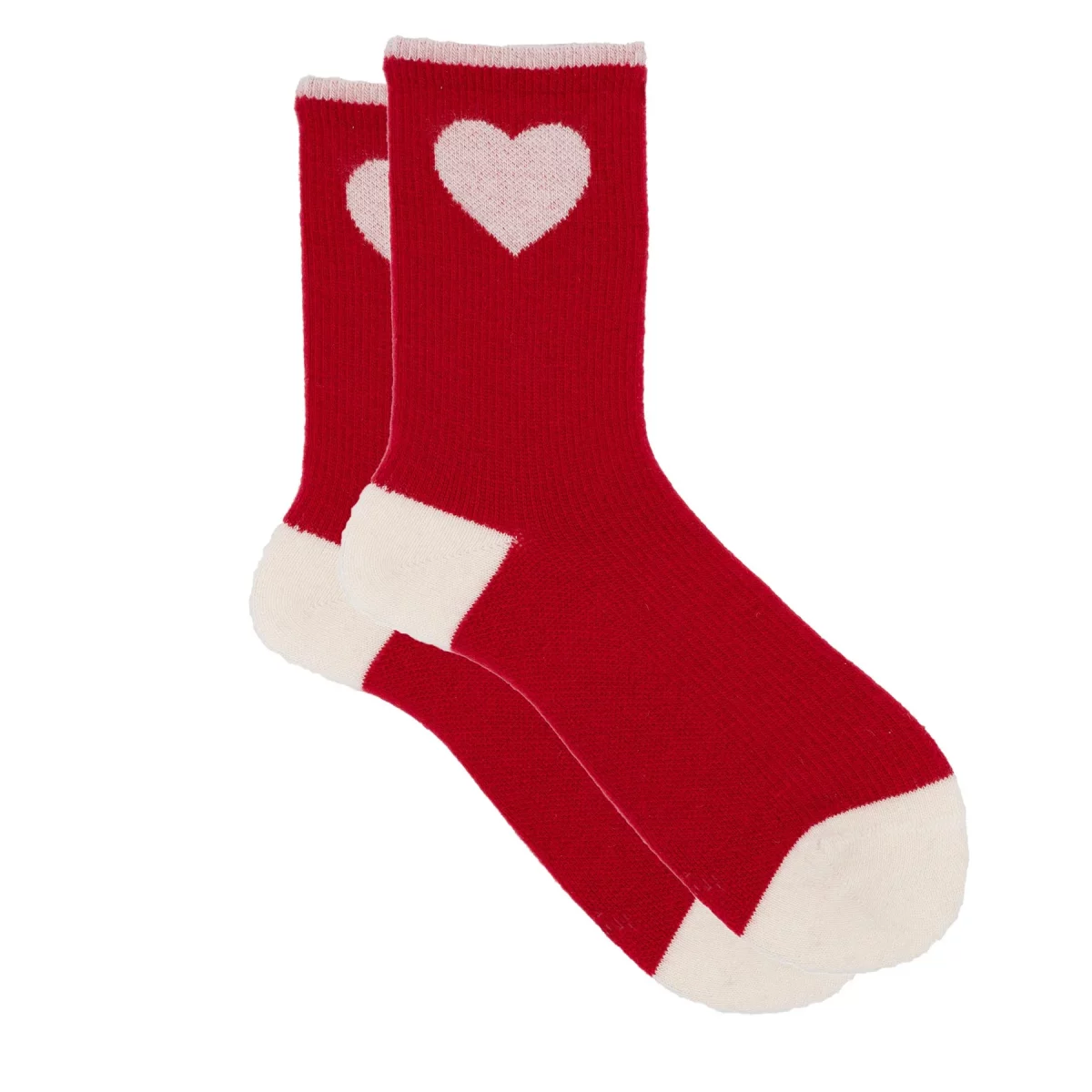 Cashmere silk heart-detail crew sock in Red, soft jersey knit with subtle heart pattern.