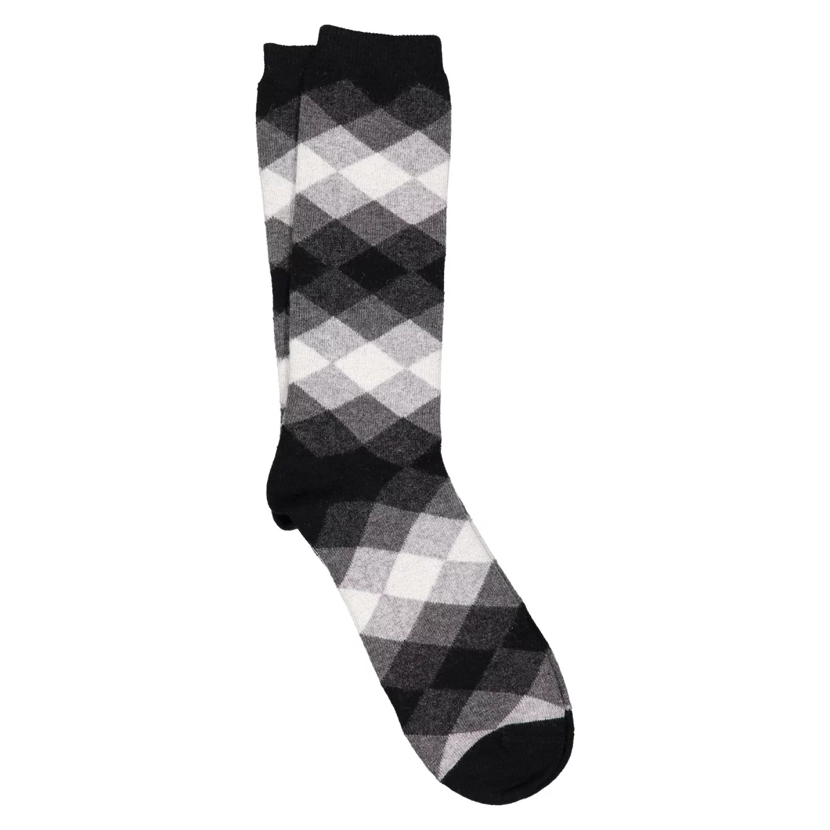 Cashmere silk diamond jacquard crew sock, Lionel in Black, soft textured pattern.