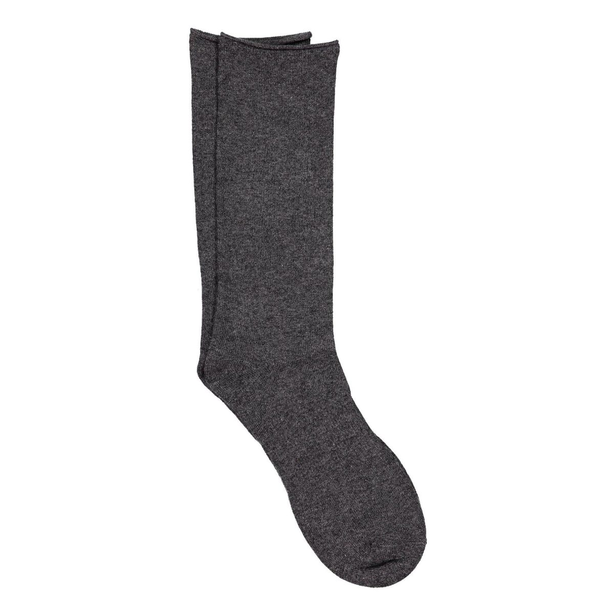 Cashmere silk roll-top crew sock in Charcoal, lightweight and warm with relaxed cuff.