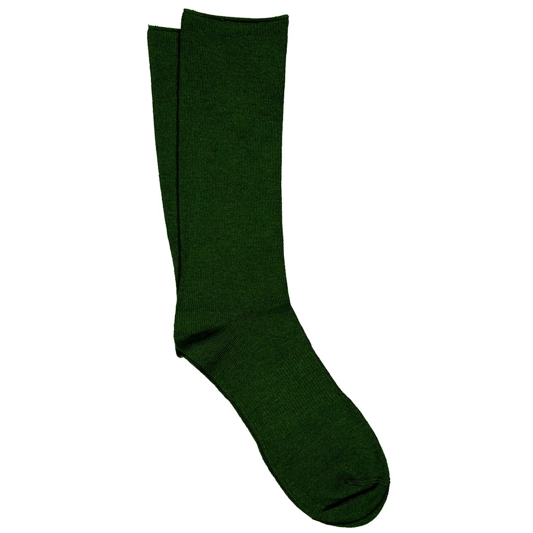 Cashmere silk roll-top crew sock in Dark Green, soft jersey knit with slouchy cuff.