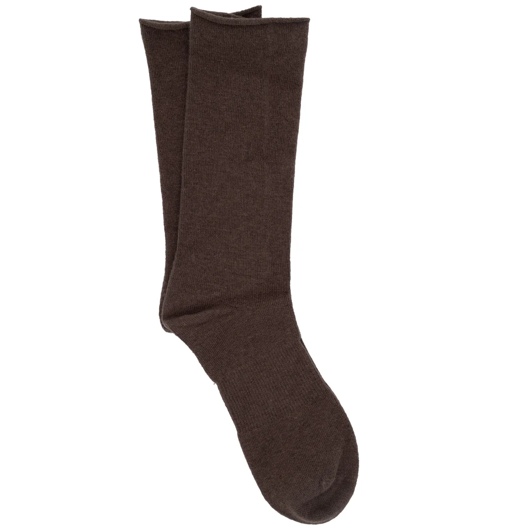 Cashmere silk roll-top crew sock in Wren, soft jersey knit with slouchy cuff.