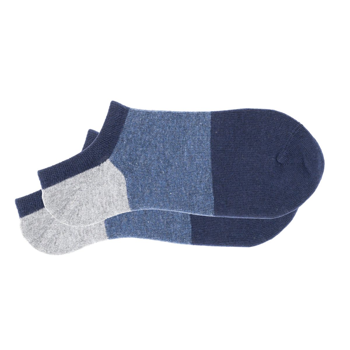 Cashmere silk colorblock no-show sock in Navy, Jeans, and Gray.