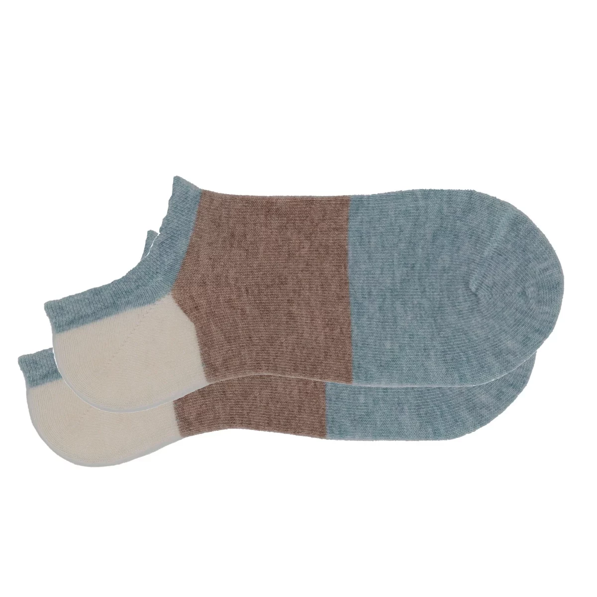 Cashmere silk colorblock no-show sock in Sea Foam, Sand, and Cream.