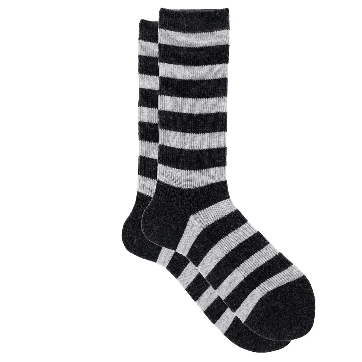 Cashmere silk striped ribbed crew sock in Black and Cream, soft ribbed texture.