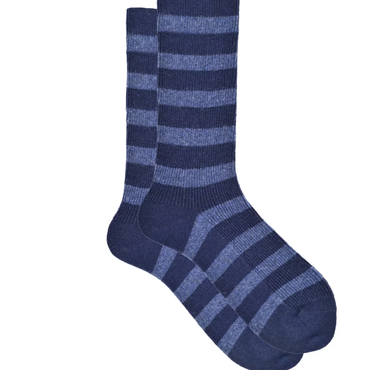 Cashmere silk striped ribbed crew sock in Navy and Jeans, mid-weight rib knit.